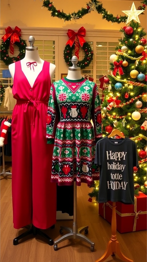 A collection of unique Christmas outfits including a jumpsuit, sweater dress, and holiday t-shirt, set against a festive backdrop.